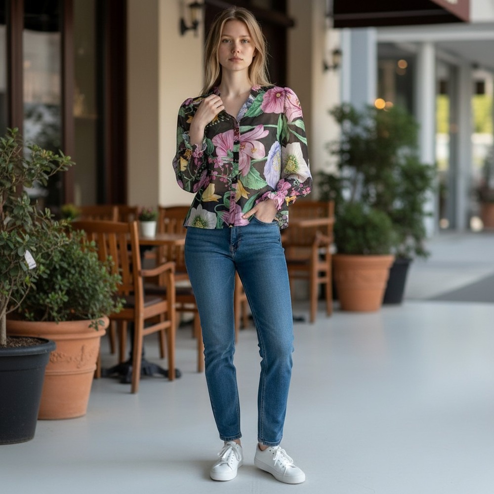 ANN TAYLOR NWT Floral Blouse – Sheer Botanical Print Button Front – Size Small